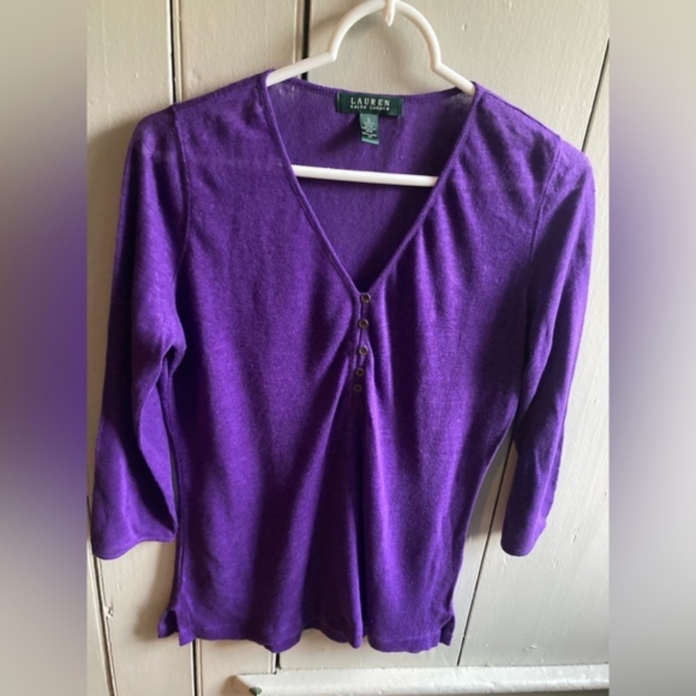 Lauren Ralph Lauren Purple 100% Linen 3/4 Sleeve Knit Top Women S